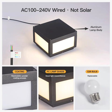 Hardwired Outdoor Post Lights 9.8 Inch Pillar Lamps Waterproof IP54 Aluminum LED Column Lanterns with E26 bulb and coating