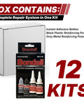 Instant Bonding Adhesive Repair Kit 4 Piece Set with two glue bottles, black plastic and grey metal reinforcing powders, packaging view.