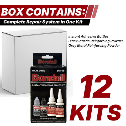 Instant Bonding Adhesive Repair Kit 4 Piece Set with two glue bottles, black plastic and grey metal reinforcing powders, packaging view.