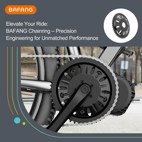 46T 16.5mm Offset Chainring For BBS-HD Mid Drive Kit displayed on an eBike, showcasing sprocket alignment and installation.