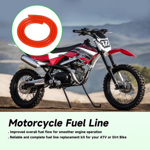 Gas Fuel Line Kit 3.28 Ft 3/16 Inch ID With 1/4 Inch Inline Shut Off Valve For 50cc To 250cc Dirt Bikes ATVs shown with red coiled hose and dirt bike