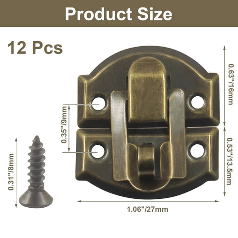 Old School Bronze Toggle Hasp Latch Set 12 Pack for Jewelry Boxes and Crafts, size details with mounting screw visible