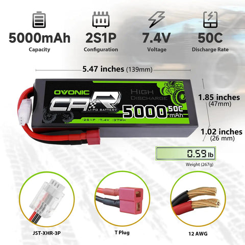 7.4V 5000mAh 50C 2S LiPo Battery Pack With Hard Case And Dean Style T Plug For RC Cars Like Bigfoot Axial Losi Slash Buggy