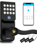 Metal Keyless Entry Smart Door Lock with keypad, smartphone app, and fobs shown in digital matte black.