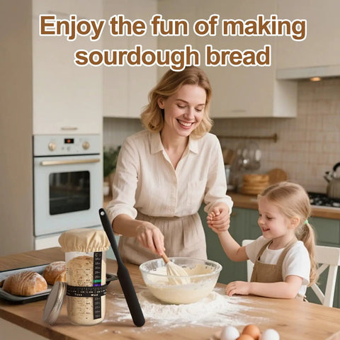 Woman and child baking with 24 Oz Wide Mouth Sourdough Starter Jar Kit With Glass Fermentation Container Date Marker Thermometer