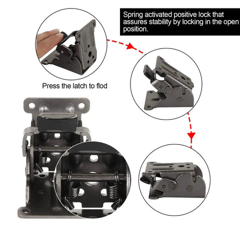 Heavy Duty Stainless Steel Folding Table Leg Brackets With Self Locking Hinges showing spring lock mechanism and hinge details.