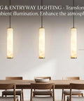 Omgomne Natural Spanish Alabaster Pendant Light 11.8 inch hanging above a wooden dining table with chairs.