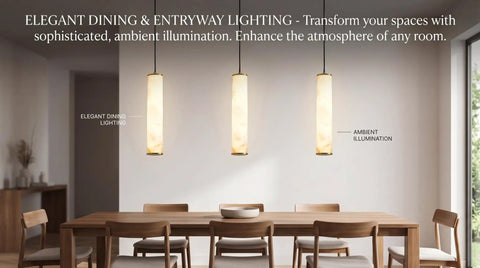 Omgomne Natural Spanish Alabaster Pendant Light 11.8 inch hanging above a wooden dining table with chairs.
