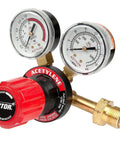 Victor acetylene regulator with red adjustment knob and dual gauges, brass inlet connection