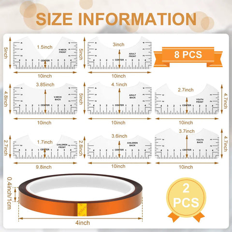 Dope Heat Press Pillow Kit 18 Pieces with 8 T-shirt ruler guides and 2 heat resistant tapes showcased with size information