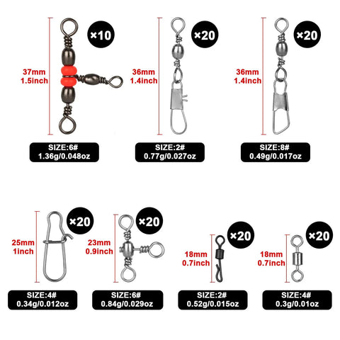 160 Piece Fishing Swivel Snaps Kit with Barrel Snaps, Ball Bearing Swivels, Clips and Glow Beads for Saltwater and Freshwater Tackle, Go To Rig Making Set for Serious Anglers, assorted sizes shown