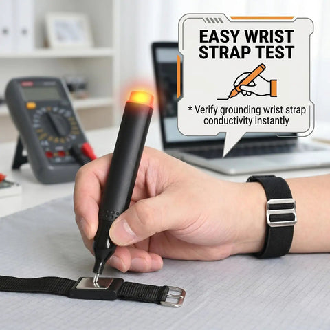 Grounding And Outlet Tester Kit For Home Electrical Safety, White Portable Plug In Detector For Quick Ground Check, Outlet Status, And DIY Wiring Troubleshooting; black wrist strap test pen on strap
