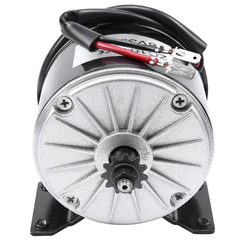 Rock Solid 36V 350W Brushed DC Electric Motor My1016 Kicking Out Two Seventy Five RPM With Eleven Tooth Sprocket close-up view.