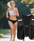 Runner wearing a lightweight hydration vest for runners with adjustable chest straps, stable bladder, breathable mesh in black color