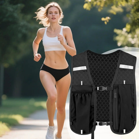 Runner wearing a lightweight hydration vest for runners with adjustable chest straps, stable bladder, breathable mesh in black color