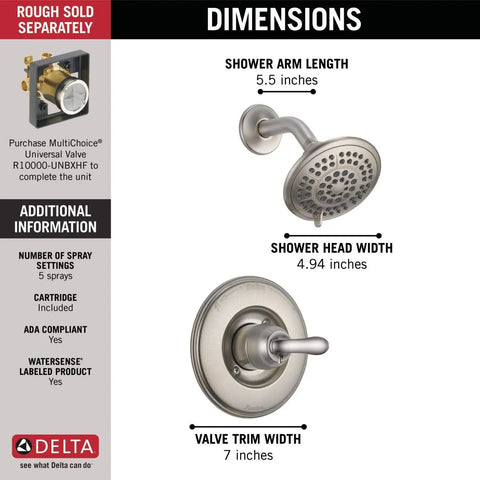 Linden 14 Series Single Function Shower Trim Kit With 5 Spray Touch Clean Shower Head In Stainless T14294-SS Valve Not Included