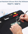 Person using Silicone Soldering Mat With Stand, 20x14 Inch ESD Safe Anti Static Workbench Pad, Heat Resistant Up To 932 Fahrenheit.