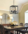 Rustic Industrial 4 Light Farmhouse Chandelier Pendant Lighting with adjustable height metal cage over dining table