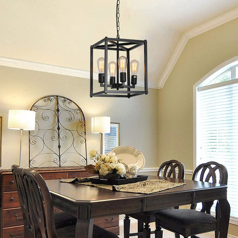 Rustic Industrial 4 Light Farmhouse Chandelier Pendant Lighting with adjustable height metal cage over dining table