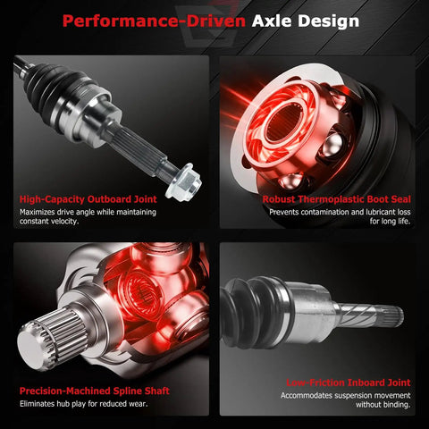 Rear Left And Right CV Axle Shaft Set For Ford Escape 2013 2019 Two Piece NCV11168 CV Joint Shaft With 25 Spline Inner And 27 Spline Outer Plus Axle Nut Included Durable Heavy Duty Performance Ready For Installation close-up of CV axle joint and boot