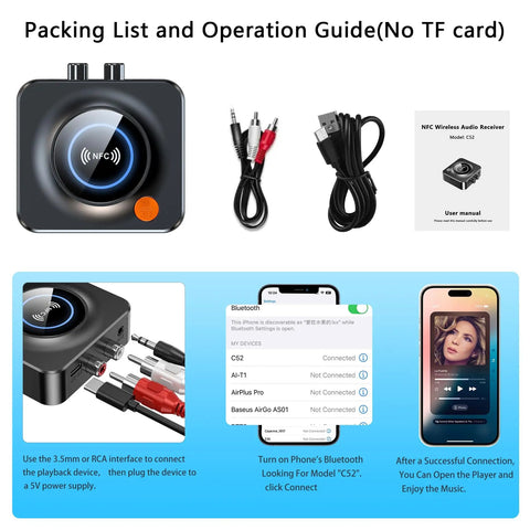 Wireless Bluetooth Receiver For Your Home Stereo And Speakers, NFC Quick Pair, 3.5mm Aux And RCA, TF Card Slot shown with cables