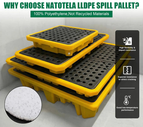 Heavy Duty Spill Containment Pallet For 55 Gal Drum, Low Profile Leak Proof Platform With 11.35 Gallon Sump, Removable Grating