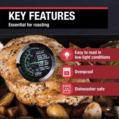 Glow Dial Ovenproof Meat Thermometer For Oven Roasting And BBQ, 2 Inch Easy Read Dial, Waterproof And Recalibratable, Perfect For Poultry Beef Pork And Grilling, ProAccurate Style Kitchen Thermometer in roast chicken