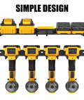 Wall Mounted Drill Rack And Tool Shelf, Power Tool Organizer Holder, shown with four drills and batteries, simple design
