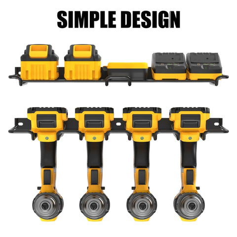 Wall Mounted Drill Rack And Tool Shelf, Power Tool Organizer Holder, shown with four drills and batteries, simple design