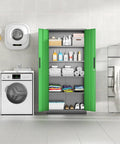 Open 72 Inch Beefy Heavy Duty Metal Garage Storage Cabinet With 2 Locking Doors And 5 Adjustable Shelves 900 Lbs Max Load Rugged Steel Organizer showcasing storage in a laundry room.