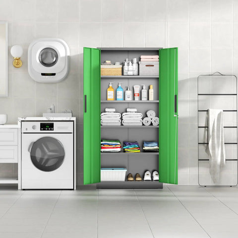 Open 72 Inch Beefy Heavy Duty Metal Garage Storage Cabinet With 2 Locking Doors And 5 Adjustable Shelves 900 Lbs Max Load Rugged Steel Organizer showcasing storage in a laundry room.