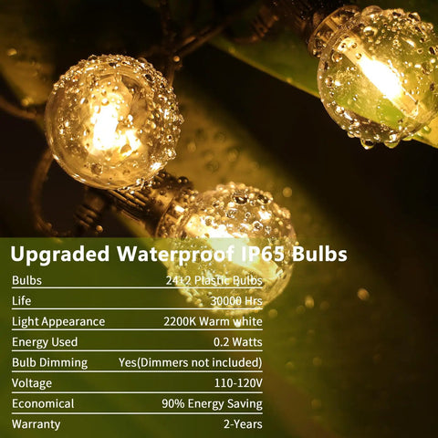 Close-up of Solar Outdoor String Lights 50 Feet With 26 Edison G40 Bulbs IP65 Waterproof Patio Lights with water droplets.