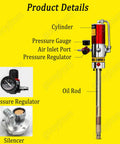 Diagram of air operated grease pump with 50:1 ratio, universal gun, high pressure hose, showing cylinder, gauge, and rod