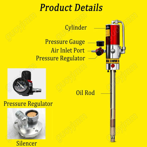 Diagram of air operated grease pump with 50:1 ratio, universal gun, high pressure hose, showing cylinder, gauge, and rod