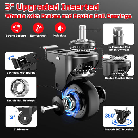 3-inch upgraded inserted wheels with brakes and double ball bearings for rolling shop stool for garage