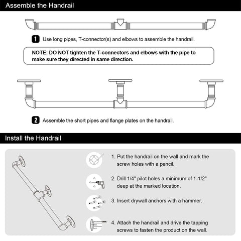 Assemble and install instructions for Legit Heavy Duty Galvanized Steel Pipe Stair Handrail in matte black finish.