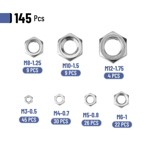 Image showing Metric Hex Nut Set, 145-Piece Assortment Kit With 7 Sizes M3 M4 M5 M6 M8 M10 M12, 304 Stainless Steel Nuts.