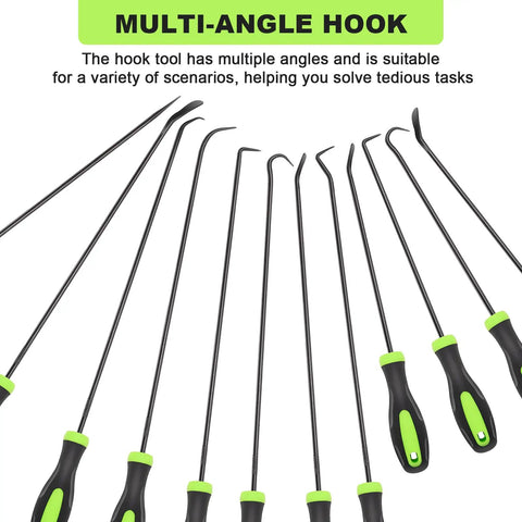12 Piece Automotive Hook And Pick Tool Set with Long and Mini Picks displayed in a fan arrangement