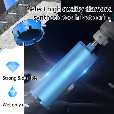 Two Inch Wet Core Drill Bit For Tough As Nails Pro Grade Performance With One And A Quarter To Seven Thread Fifteen Point Seven Four Inch Drilling Depth Ten Millimeter Diamond Segment For Reinforced Concrete Masonry Brick And Stone in use.