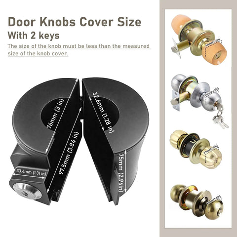 Straight Up Secure Child Proof Door Knob Lock Cover size chart with dimensions and key illustrations for home rentals.