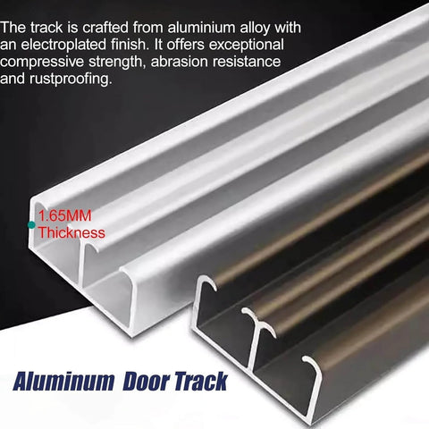 Close-up of aluminum door track, showing 1.65mm thickness label, part of Mini Cabinet Bypass Double Sliding Barn Door Hardware Track Kit.