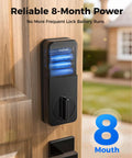 Smart Deadbolt Keyless Entry Door Lock Boasting AI Powered Fingerprint Recognition That Slips in Under Half A Second plus Bluetooth App Integration and Keypad Backup Provide Gnarly Convenience and Secure Peace of Mind in Slick Black showcasing 8-month battery power.
