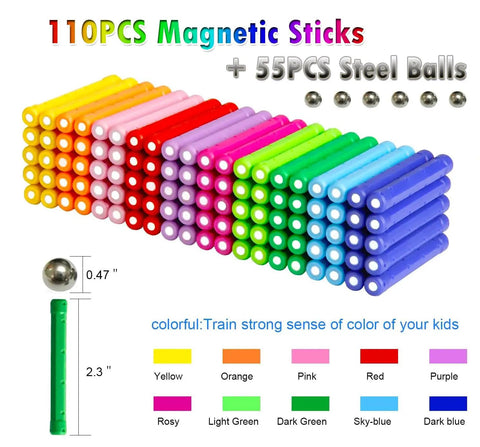 Magnetic Building Blocks Set 165 Pieces With 2.3 Inch Magnet Sticks And Non Magnetic Balls, 3D STEM kit with 11 pcs sticks and steel balls