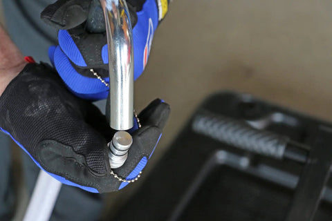 Close-up of steel hook attachment for 17 Gallon Low Profile Truck Drain With 120V Electric Pump For No Sweat Fluid Cleanup.