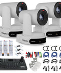 Plug And Go 4K PtZ Camera Bundle Pack Of Three With Thirty X Optical Zoom SDI HDMI USB IP hookups and accessories laid out.