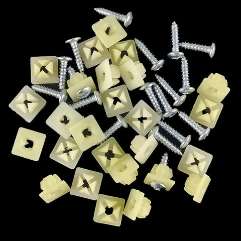 Set Of 20 License Plate Mounting Kit With Stainless Screws And Galvanized Nylon Bases For Front And Rear Plates On Cars Trucks And Frames Self Tapping Bolts To Replace Worn Out Hardware For A Clean Secure Fit on a black background
