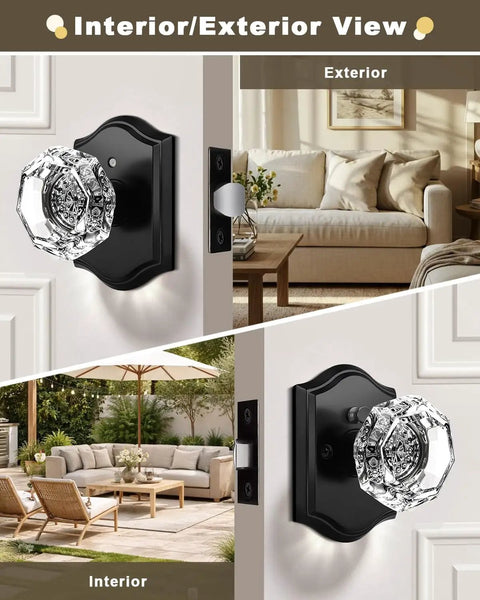 Vintage Octagon Crystal Glass Door Knobs 2 Pack Interior Privacy Lockset for Bedroom and Bath with Matte Black Arched Rosettes shown installed on interior and exterior doors.