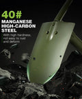 23 Inch Folding Camping Shovel With Cover High Manganese Steel Entrenching Tool blade detail against rocks.
