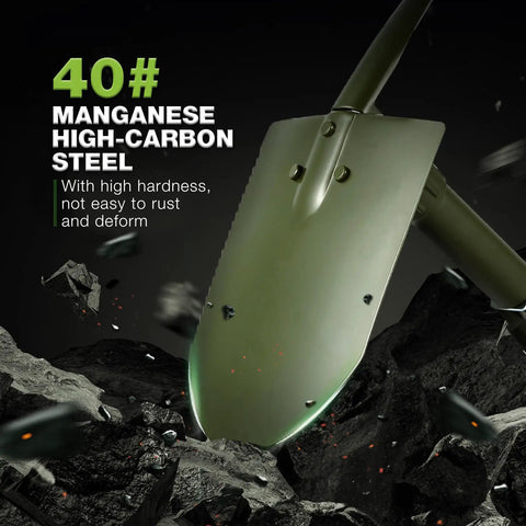 23 Inch Folding Camping Shovel With Cover High Manganese Steel Entrenching Tool blade detail against rocks.