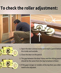 Checking roller adjustment on Two Set Gliding Patio Door Tandem Roller Assembly Replaces 1997061 And Is Compatible With 200 Series Perma Shield Narroline And 400 Series Frenchwood Gliding Doors Since 1982 Featuring One And A Quarter Inch Steel Ball Bearing And Side Adjustable.